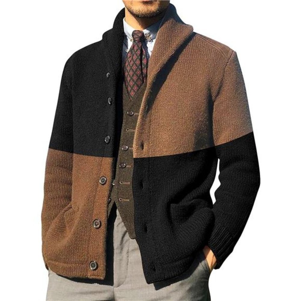 Men's Color Block Cardigan Sweaters Shawl Collar Knitted Long Sleeve